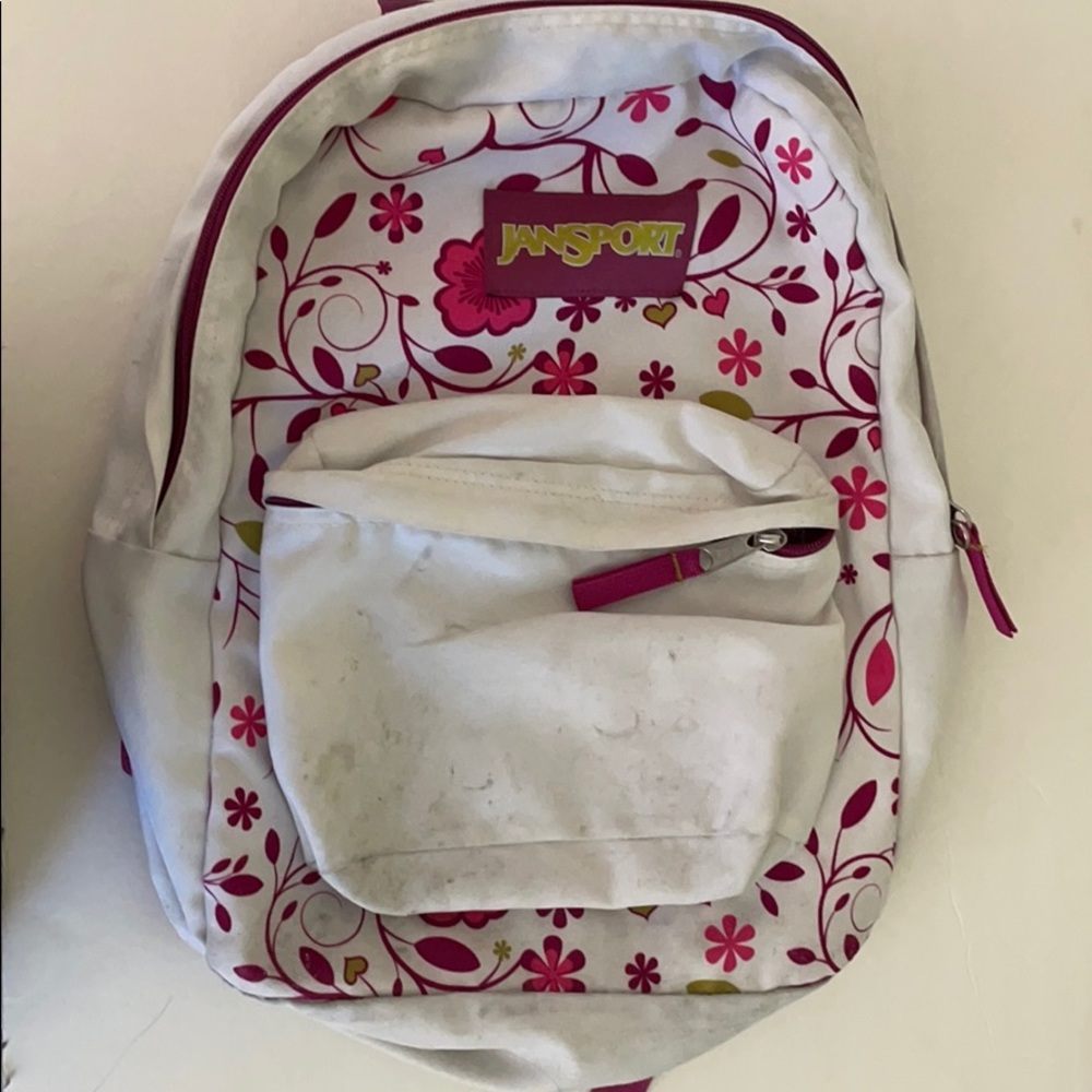 White Jansport Backpack with Magenta flowers